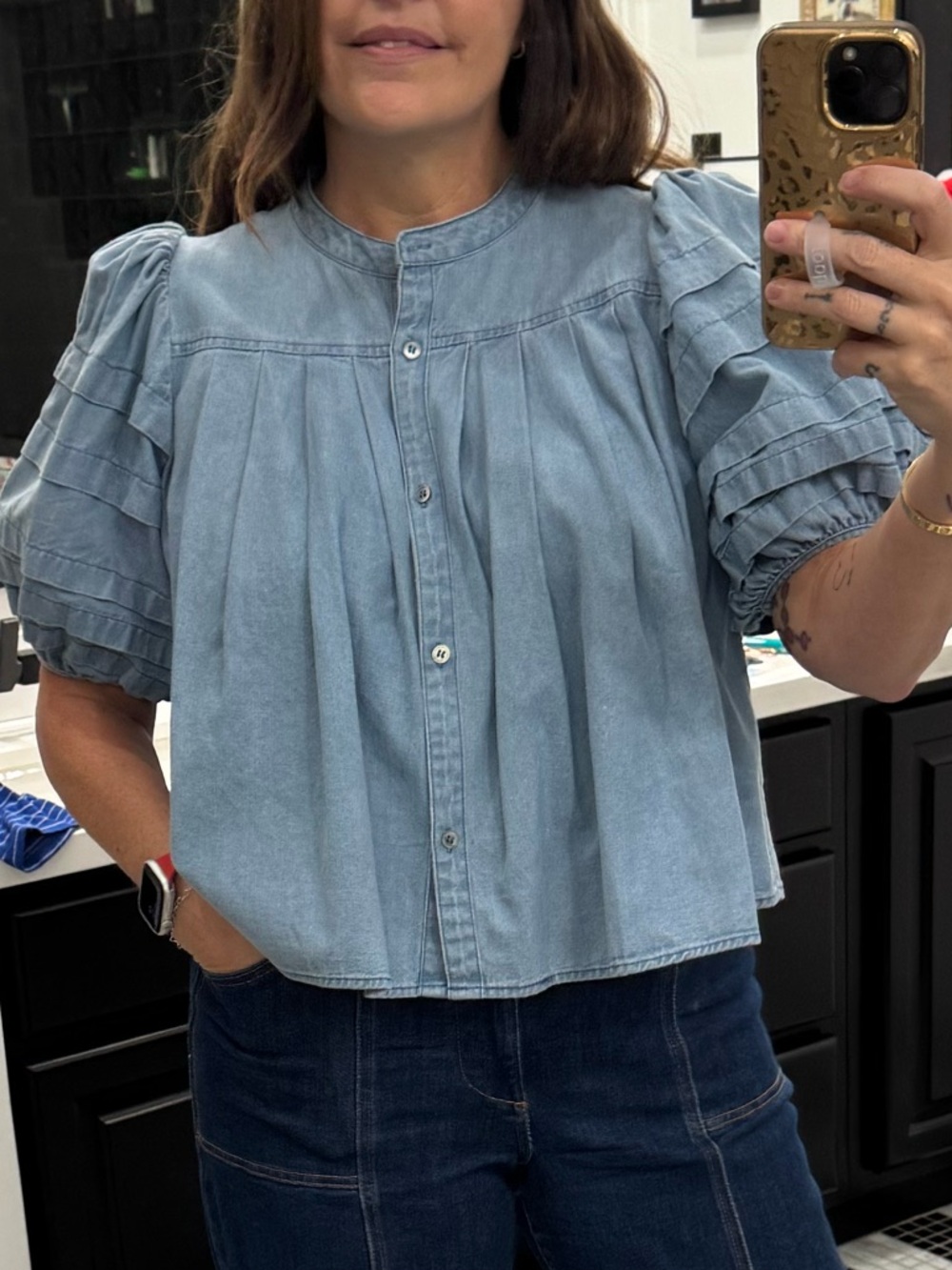 Karlie Light Blue Pleated Denim Button-Up Blouse